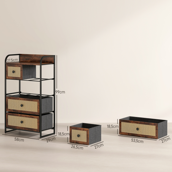 HOMCOM Cómoda de Tecido Cómoda para Dormitório com 5 Gavetas com Frente em Vime e Prateleira 58x29x99 cm Marrom Rústico - Image 3