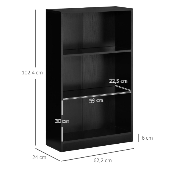 HOMCOM Estante para Livros com 3 Compartimentos de Armazenamento Livros Plantas para Sala de Estar Estúdio Dormitório 62,2x24x102,4cm Preto - Image 3