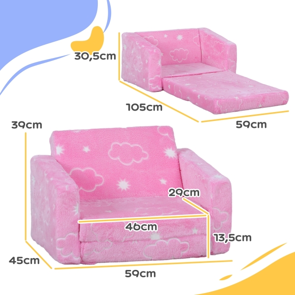 AIYAPLAY Poltrona para Crianças Dobrável e Reclinável Sofá para Crianças Estofado em Tecido Luminoso com Desenho de Nuvens Rosa - Image 3