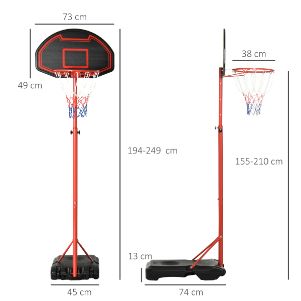 HOMCOM Tabela de Basquetebol com Altura Ajustável 194-249 cm Rodas e Base Recarregável para Adolescentes e Adultos Vermelho e Preto - Image 3