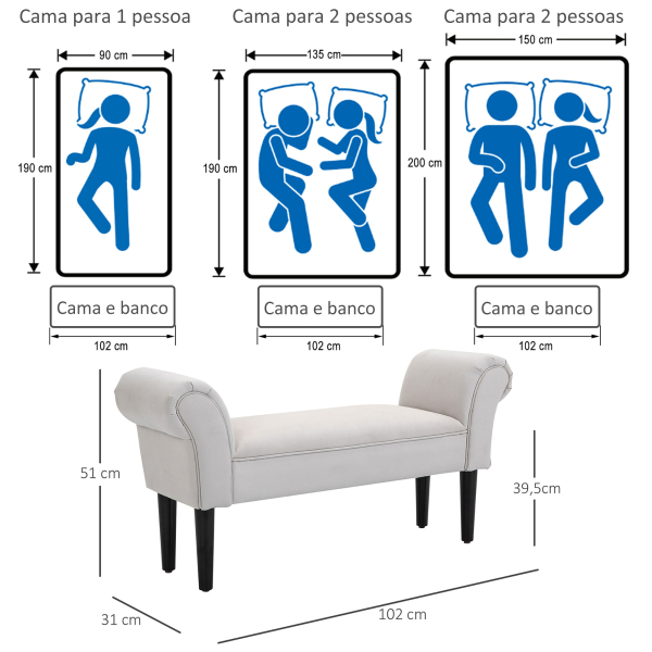 HOMCOM Banco de Pé de Cama Banco com Braços Curvados Estofado e Pés de Madeira Carga Máxima 130kg 102x31x51cm Cinza - Image 4