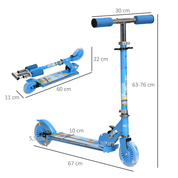 HOMCOM Trotinete para Crianças Dobrável com Luzes e Música 4 Alturas Ajustável Rodas Brilhantes e Pedal LED 67x32x65-78 cm Azul - Image 3