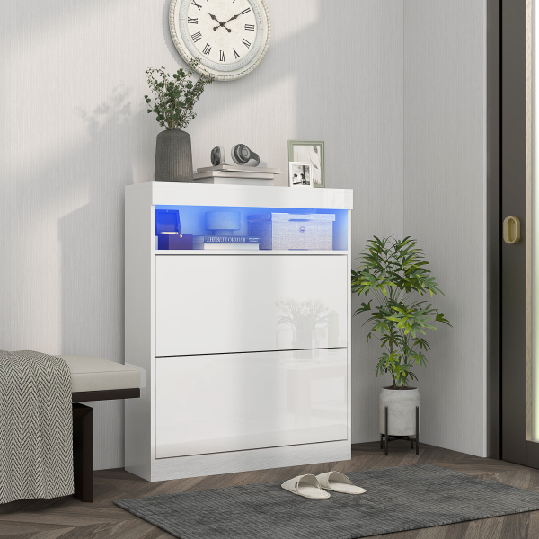 HOMCOM Móvel Sapateira de Entrada com Luzes LED Prateleira Aberta e 2 Gavetas Basculantes para 12-16 Pares 80x24x99,5 cm Branco Brilhante - Image 2