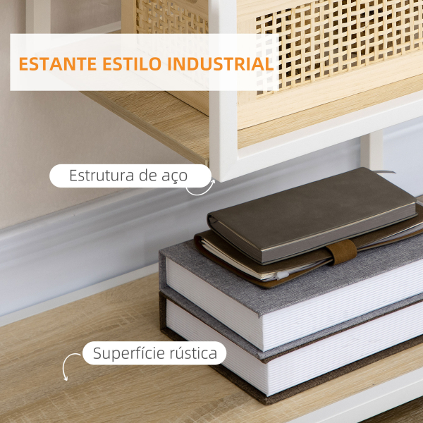 HOMCOM Estante de Armazenamento para Livros com Estrutura de Aço para Escritório Sala de Estar Estúdio 83x34x180cm Carvalho e Branco - Image 4