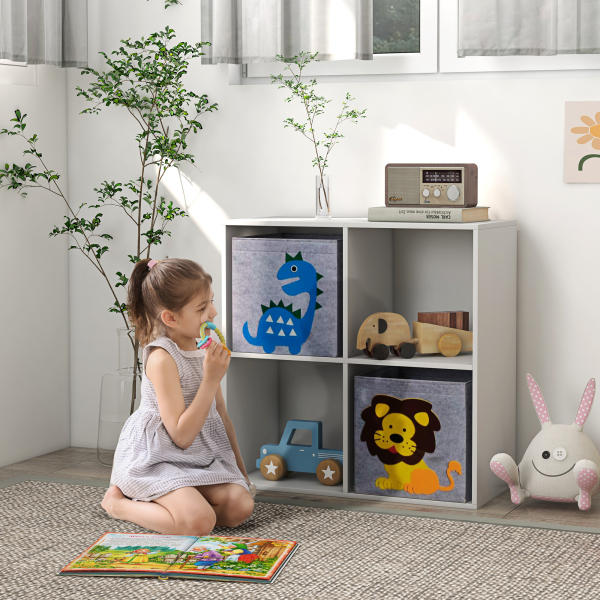 ZONEKIZ Estante para Brinquedos com 6 Compartimentos e 3 Caixas de Tecido não Tecido e Desenho de Animais 61,8x29,9x61,8 cm Branco e Cinza - Image 2