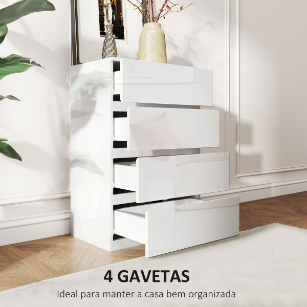 HOMCOM Cómoda com 4 Gavetas de Madeira Cómoda de Dormitório Cómoda Branca Estilo Moderno 55x33x80 cm Branco Brilhante - Image 4