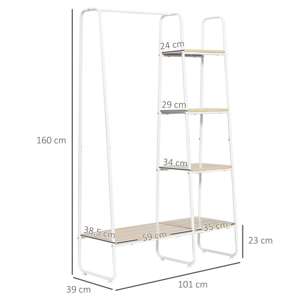 HOMCOM Suporte para Cabides com 4 Prateleiras de Armazenamento e Barra de Pendurar Estilo Industrial 101x39x160cm Madeira e Branco - Image 3