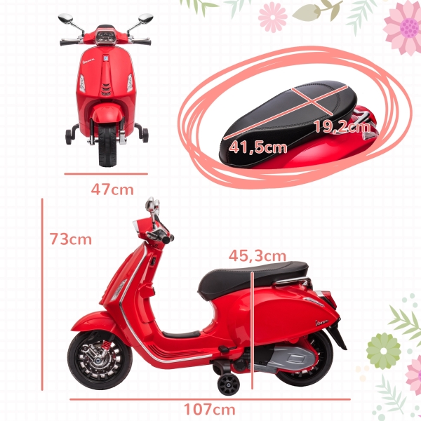 AIYAPLAY Moto Elétrica para Crianças de 3-6 Anos com Licença Vespa com USB MP3 Luz LED Rádio FM Velocidade 3 km/h Vermelho - Image 3