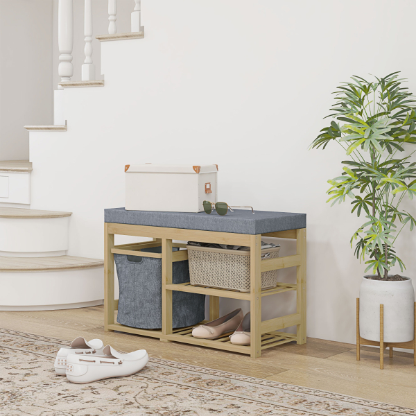 HOMCOM Banco para Sapatos de Bambu Móvel Sapateira com Assento Cesta Amovível e Prateleiras Abertas para 4 Pares de Sapatos 69x30x45 cm Madeira - Image 2