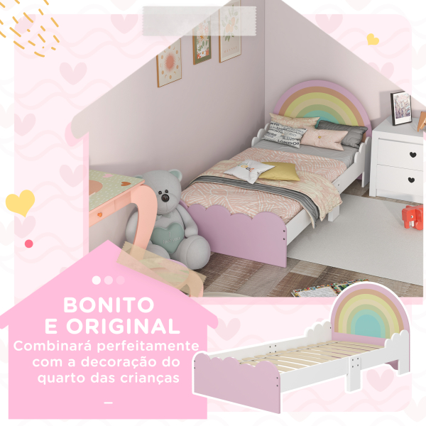ZONEKIZ Cama para Crianças de 3-6 Anos 143x74x66 cm Cama Infantil de Madeira em Forma de Arco Íris Rosa - Image 4