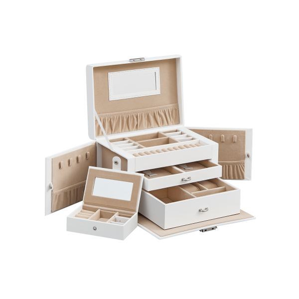 Caixa de joias SONGMICS, organizadora com 2 gavetas, estojo com fechadura e espelho, estojo de viagem portátil, para anéis, pulseiras, brincos, colares, forro de veludo, presente, branco JBC121W