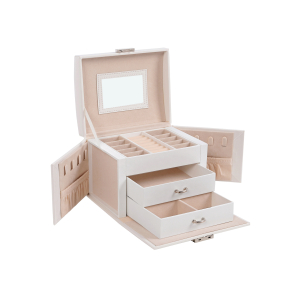 Caixa de joias SONGMICS de 3 andares, estojo de viagem para joias com alça, 2 gavetas, organizador de joias com fechadura e espelho, armazenamento de joias, estilo moderno, presente para entes queridos, branco JBC154W01