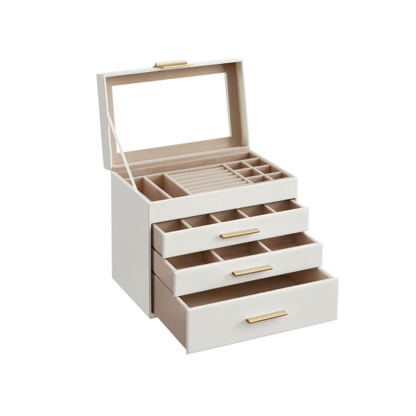 Caixa de joias SONGMICS com tampa de vidro, organizador de joias com 4 níveis, 3 gavetas, para óculos de sol, joias grandes, armazenamento de joias, estilo moderno, cores branco-nuvem e dourado JBC161W01