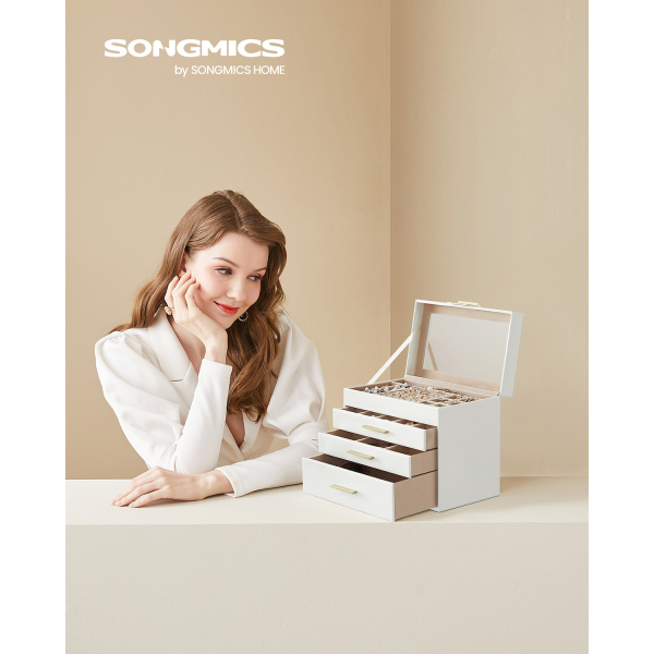 Caixa de joias SONGMICS com tampa de vidro, organizador de joias com 4 níveis, 3 gavetas, para óculos de sol, joias grandes, armazenamento de joias, estilo moderno, cores branco-nuvem e dourado JBC161W01 - Image 2