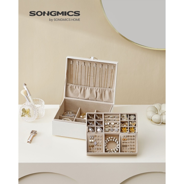 SONGMICS Joyero de 2 capas, organizador de joyas com asa, bandeja extraível para joyas, almacenamiento de joyas, efeito flotante, 8,1 x 9,4 x 4,3 pulgadas, ideia de regalo, regalos de Navidad, cor branca JBC165W01 - Image 2