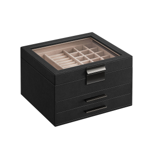 Caixa de joias SONGMICS com tampa de vidro, organizador de joias de 3 camadas com 2 gavetas, armazenamento de joias, amplo espaço de armazenamento, estilo moderno, presente para entes queridos, preto grafite e prata JBC239BK