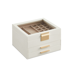 Caixa de joias SONGMICS com tampa de vidro, organizador de joias de 3 camadas com 2 gavetas, armazenamento de joias, amplo espaço de armazenamento, estilo moderno, presente para entes queridos, branco nuvem e dourado JBC239WT