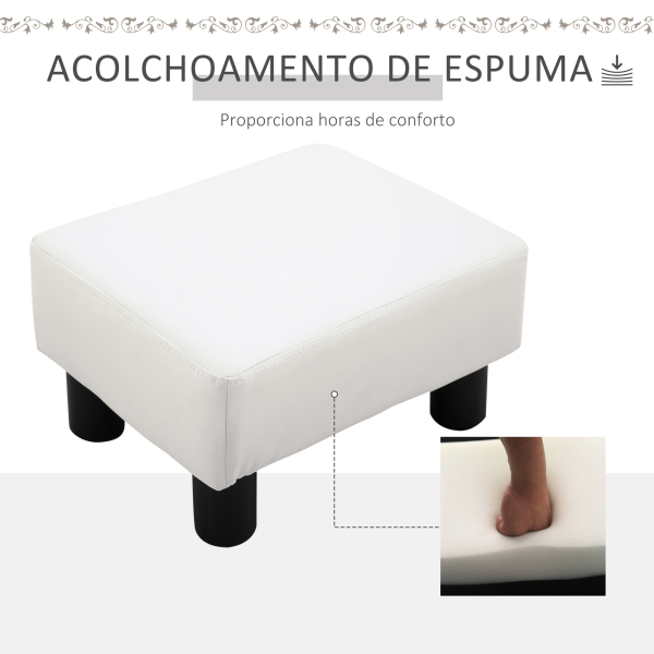 HOMCOM Apoio para os Pés Octomano Banco Pequeno Estofado em Pele Sintética com Assento Acolchoado e Pés de Plástico 40x30x24 cm Branco - Image 4