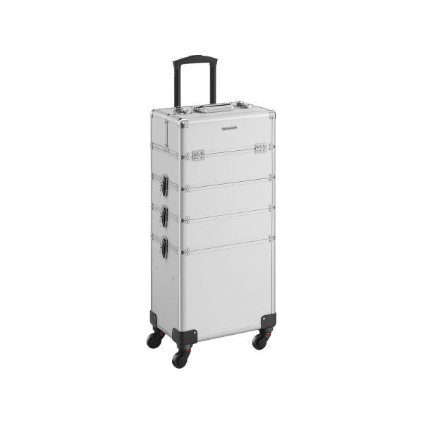 SONGMICS Estojo de cosméticos, estojo com carrinho, estojo de maquiagem 4 em 1, estojo de maquiagem para viagem, estojo grande para cabeleireiro, com trava, rodas universais giratórias de 360°, prata