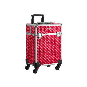 SONGMICS JHZ013R01 Estojo de cosméticos com carrinho, estojo de maquiagem com alça, 4 rodas universais e 4 compartimentos extensíveis para viagem, vermelho