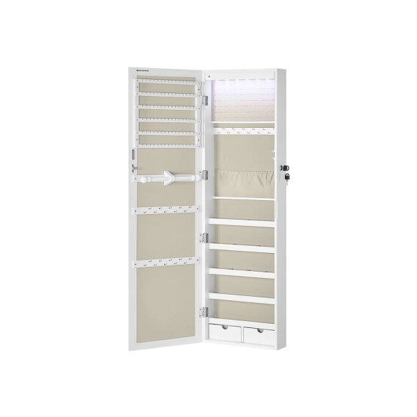 Armário para joias SONGMICS, unidade organizadora de parede com trava para colar e brinco, com espelho e vários compartimentos, branco com textura de madeira e bege JJC093W01