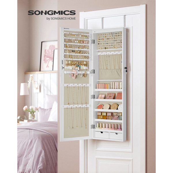 Armário para joias SONGMICS, unidade organizadora de parede com trava para colar e brinco, com espelho e vários compartimentos, branco com textura de madeira e bege JJC093W01 - Image 2