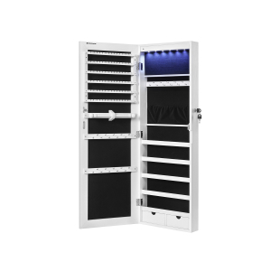 SONGMICS Armário de joias espelhado sem moldura, organizador de joias com 6 LEDs para pendurar na parede ou na porta, grande capacidade com 2 gavetas, branco JJC99WT