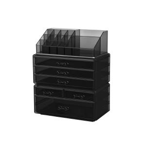 Organizador grande de maquiagem em acrílico SONGMICS, caixa de cosméticos empilhável com 6 gavetas, para paleta, pincel, base, batom, esmalte, grampos de cabelo, ótimo presente para entes queridos, preto JKA009BK