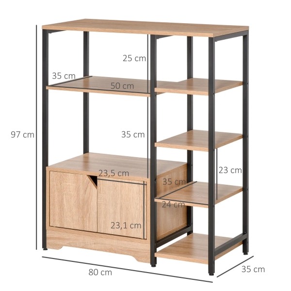 HOMCOM Estante para Livros com Múltiplas Prateleiras Abertas e 1 Armário com Porta Dupla Estante de Armazenamento para Escritório Sala de Estar 80x35x97cm Madeira Natural - Image 3