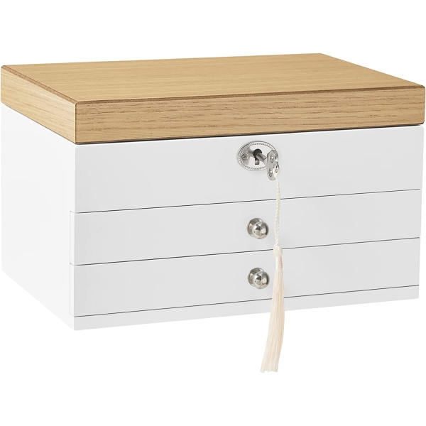 Caixa de joias SONGMICS, organizador de joias de 3 níveis com espelho grande, 2 gavetas, com fechadura, presente para entes queridos, para anéis, brincos, pulseiras, colares, cor branca e com textura de madeira JOW15WNV1