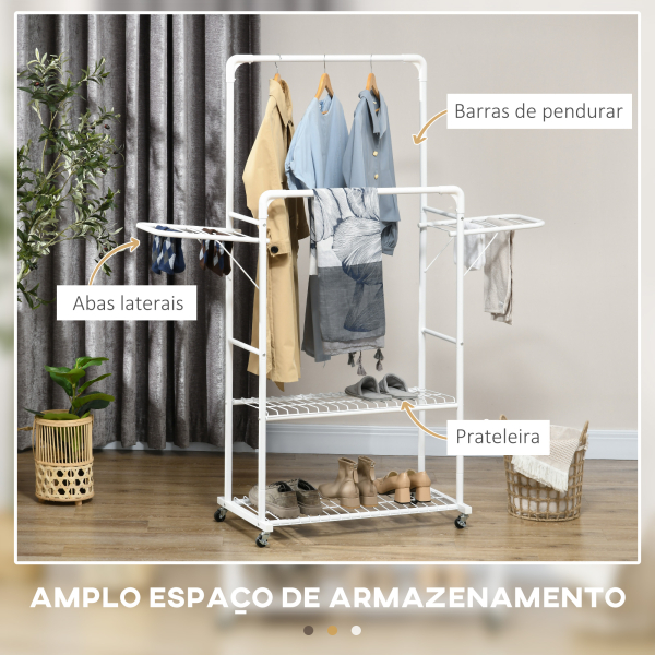 HOMCOM Charriot de Roupa com Rodas com 2 Laterais Dobáveis 2 Trilhos e 2 Prateleiras de Armazenamento 153x43,7x171 cm Branco - Image 4