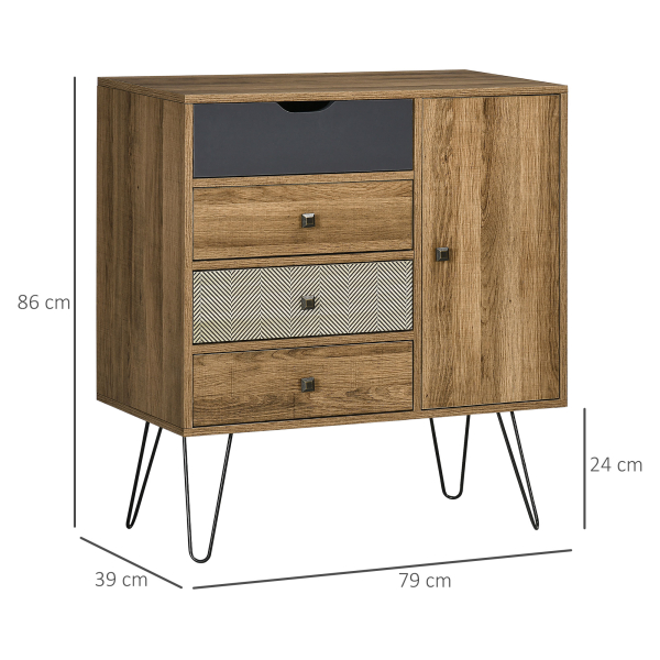HOMCOM Cómoda de Madeira com 4 Gavetas Porta Prateleira Ajustável e Pés de Metal para Sala de Estar Dormitório 79x39x86cm Marrom - Image 3