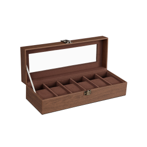 Caixa de relógio SONGMICS com 6 compartimentos, estojo com tampa de vidro, almofadas de veludo para relógio, suporte para relógio com fecho, 11,2 x 30 x 8 cm, ideia de presente, couro sintético marrom, forro marrom JWB006K01