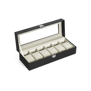Caixa de relógio SONGMICS com 6 compartimentos, estojo com tampa de vidro, almofadas de veludo para relógio, suporte para relógio com fecho, 11,2 x 30 x 8 cm, ideia para presente, couro sintético preto, forro cinza esverdeado JWB06BE