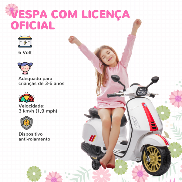 AIYAPLAY Moto Elétrica para Crianças de 3-6 Anos com Licença Vespa com USB MP3 Luz LED Rádio FM Velocidade 3 km/h Carga 35 kg Branco - Image 4