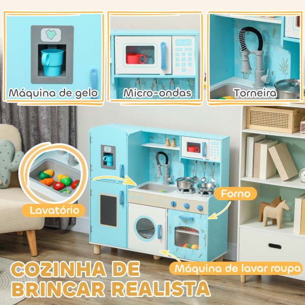 AIYAPLAY Cozinha de Madeira para Crianças com Sons Fogão Forno Micro-Ondas Máquina de Gelo e Acessórios 90x33,3x91,6 cm Azul - Image 4