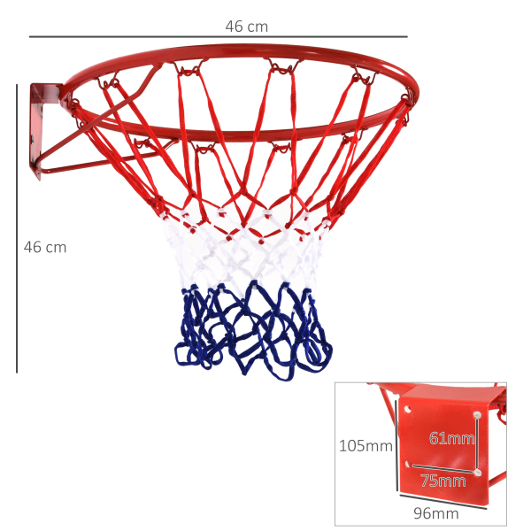 HOMCOM Cesta de Basquetebol de Parede Ø46 cm Aro de Basquetebol com Rede Estrutura Metálica 12 Ganchos para Interior e Exterior Vermelho - Image 3