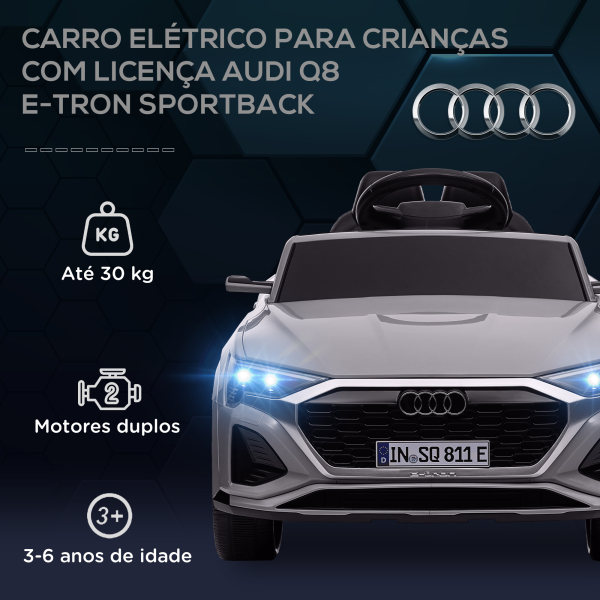 AIYAPLAY Carro Elétrico para Crianças Carro Audi Q8 Etron Sportback Infantil 12V Faróis Buzina e Música 98x49,5x43 cm Cinza - Image 4