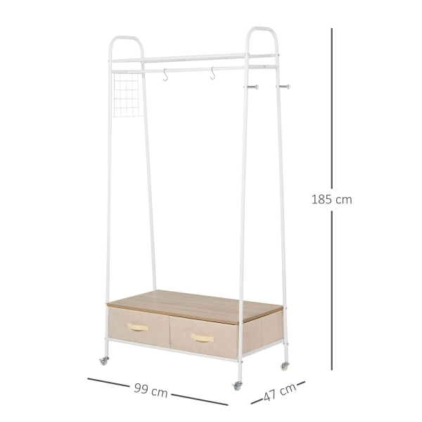 HOMCOM Suporte para Cabides de Metálico Cabideiro com Rodas Prateleira e 2 Gavetas para Organizar Roupas Bolsos 99x47x185cm Branco - Image 3
