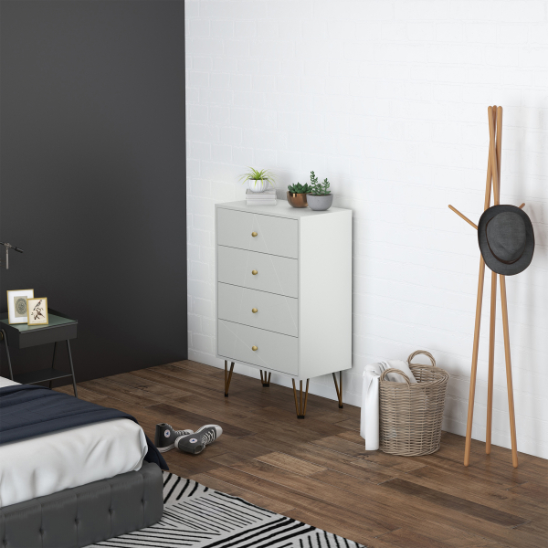 HOMCOM Cómoda de Quarto Moderna Cómoda de Madeira com 4 Gavetas e Pés Metálicos para Sala Escritório 60x40x100 cm Branco - Image 2
