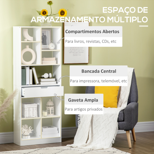 HOMCOM Estante de Madeira Estante para Livros com 1 Gaveta e 9 Compartimentos de Armazenamento 60x26x158cm Branco - Image 4