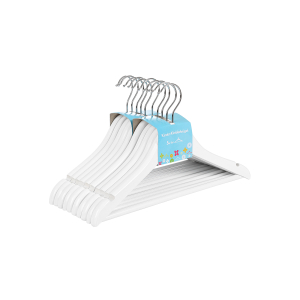 Cabides infantis de madeira maciça SONGMICS, pacote com 10 cabides robustos para roupas infantis, com barra para calças, entalhes nos ombros, ganchos giratórios de 360 ​​graus, 35 x 1,2 x 20 cm, branco CRW006W02
