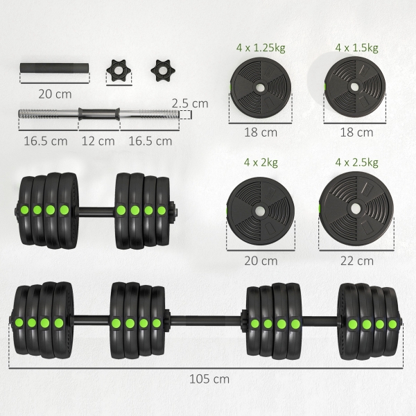 SPORTNOW Kit de Halteres 30 kg 2 em 1 Jogo de Pesos com Barra de Pesos Pega Antiderrapante para Treino de Força  Preto e Verde - Image 3
