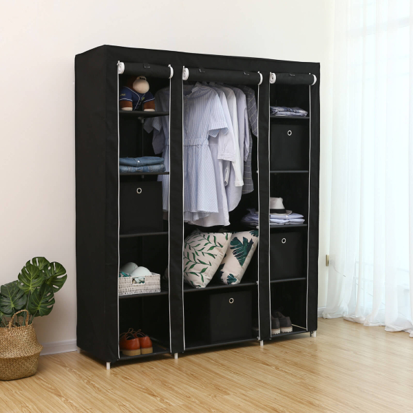 SONGMICS Guarda-roupa portátil, armário dobrável, organizador de roupas com trilho para pendurar, prateleiras, capa de tecido, para quarto, vestiário, 150 x 45 x 175 cm, preto LSF03H - Image 2