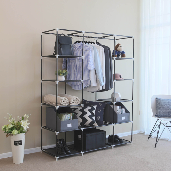 SONGMICS Guarda-roupa portátil, armário dobrável, organizador de roupas com trilho para pendurar, prateleiras, capa de tecido, para quarto, vestiário, 150 x 45 x 175 cm, preto LSF03H - Image 3
