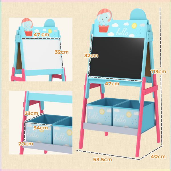 AIYAPLAY Cavalete para Crianças 2 em 1 Arsósia Infantil com Dupla Face 2 Caixas de Arrumação com Estampa em Animais 49x53,5x113 cm Azul - Image 3