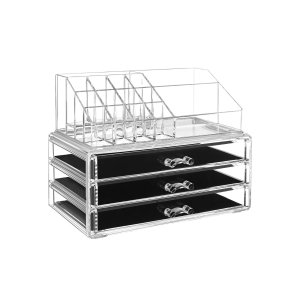 Organizador de maquiagem SONGMICS, conjunto de 2 peças, caixa de maquiagem, organizador de cosméticos com 3 gavetas e 15 compartimentos diversos, para batons, pincéis, transparente JKA002TP