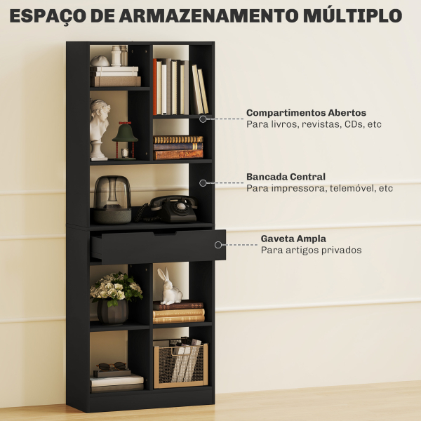 HOMCOM Estante de Madeira Estante para Livros com 1 Gaveta e 9 Compartimentos de Armazenamento 60x26x158 cm Preto - Image 4