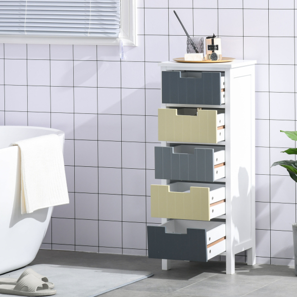HOMCOM Cómoda de Madeira com 5 Gavetas Cómoda Auxiliar de Armazenamento com Pés Elevados Estilo Moderno para Dormitório Sala de Estar Casa de Banho 35x28x90,5cm Multicor - Image 2
