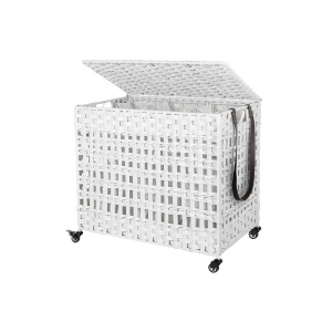 Cesto de roupa suja SONGMICS feito à mão com tampa, cesto de roupa suja estilo rattan com 3 compartimentos separados, alças, forros removíveis, para sala de estar, banheiro, lavanderia, branco LCB083W01